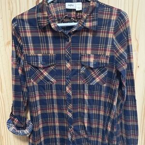 Women’s Small Daytrip Plaid Button Up Blouse Flannel Roll Tab Sleeves
